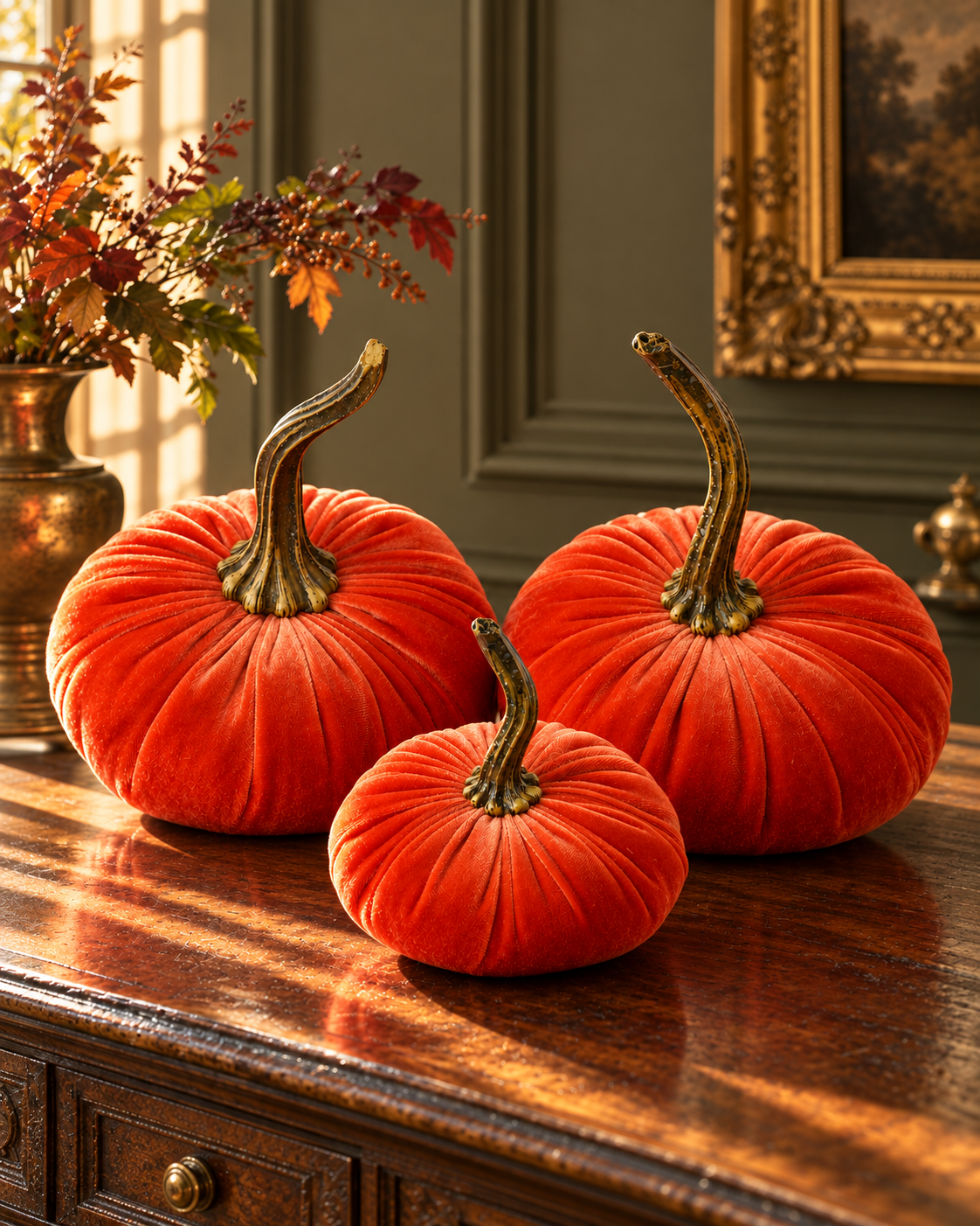 Tangerine Velvet Pumpkin Trio — Handcrafted Set of 3